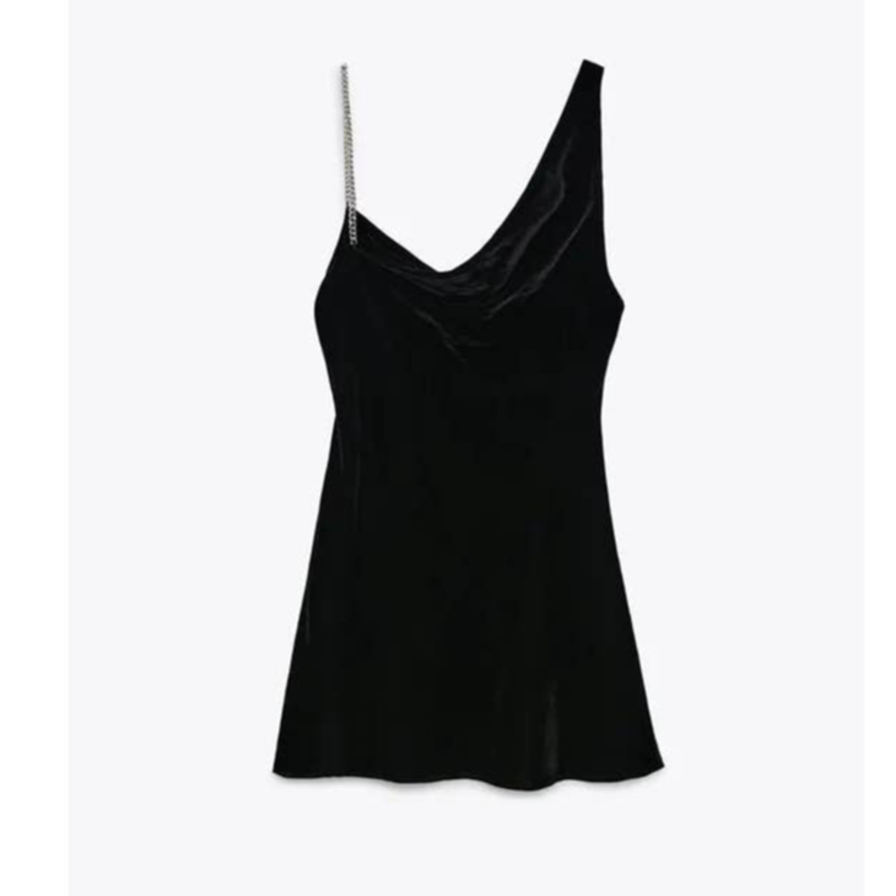 ZARA Blogger Black Velvet Asymmetric Chain Velvet Dress 9274/507 Small NWT - Picture 2 of 6